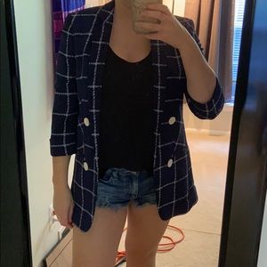 Blue oversized blazer with white plaid detail
